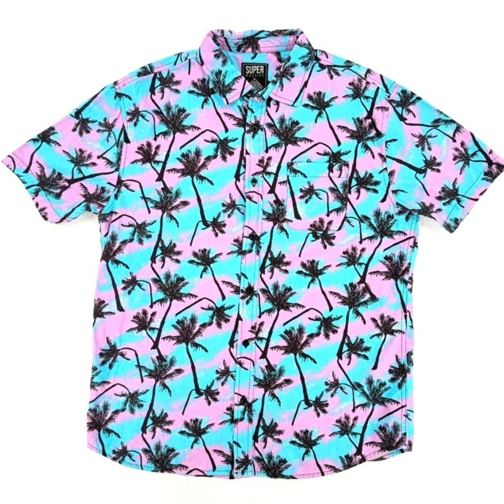 Super Massive Mens Large Palm Tree Tropical Shirt Pink Blue Vaporwave Cotton L